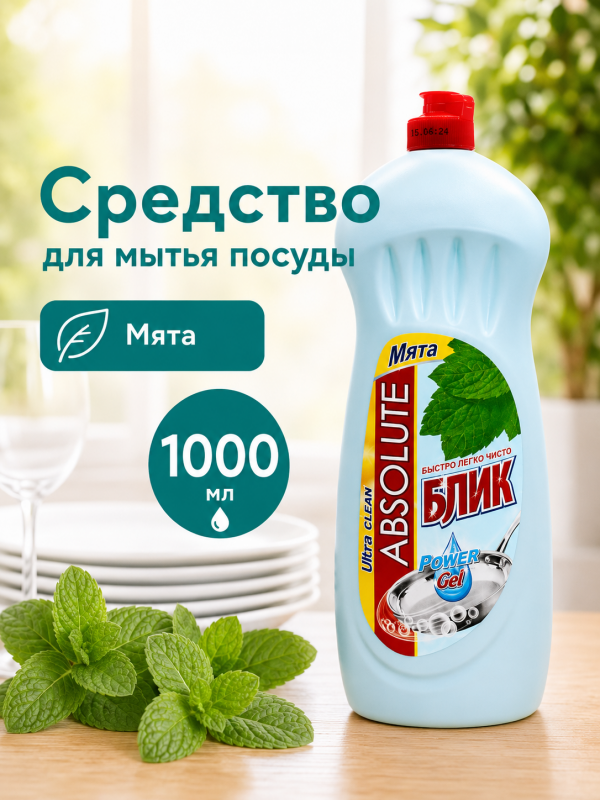 Жидкое средство для мытья посуды Absolute БЛИК Мята, 1000 мл.