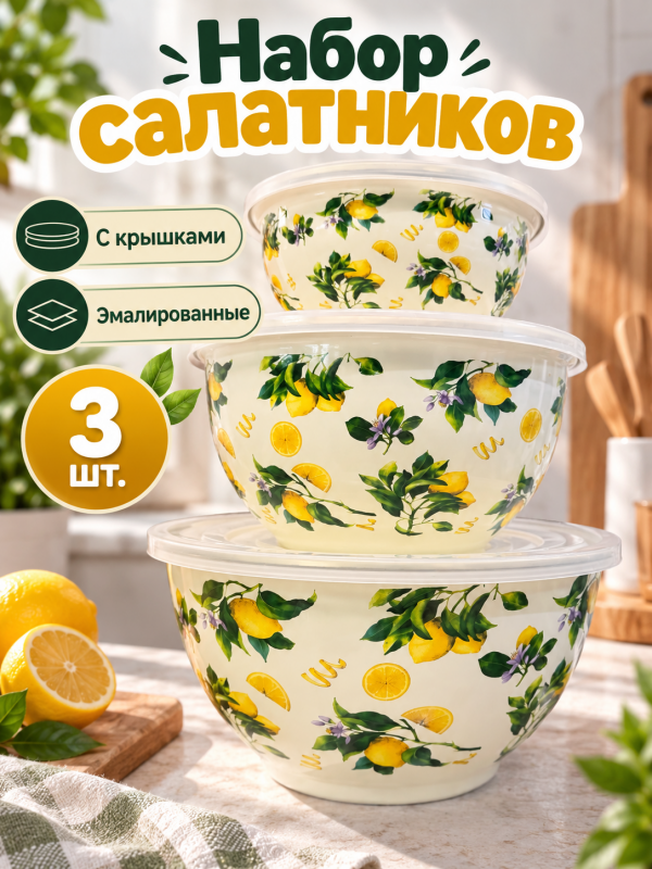 Набор салатников с крышками лимон 3 в 1 эмаль